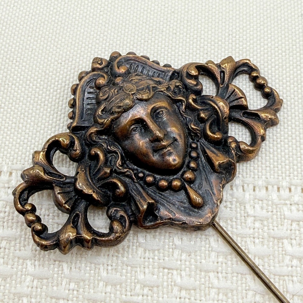Vintage Art Nouveau Style Bronze Repousse Woman Mythology Goddess Hat Stick Pin